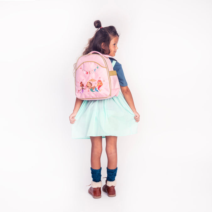 Child wearing Jeune Premier Ralphie Mermaids preschool backpack