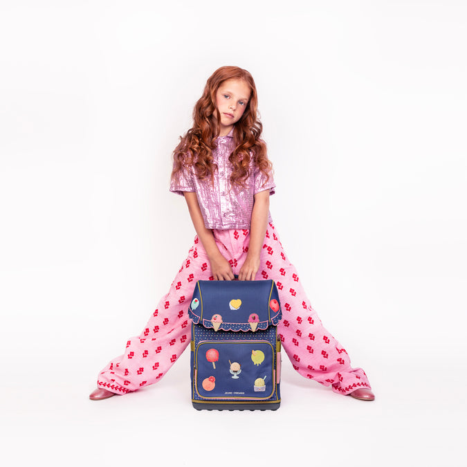 Dark blue Ergomaxx Disco Dip ergonomic backpack by Jeune Premier with colorful ice cream illustrations for girls from first grade