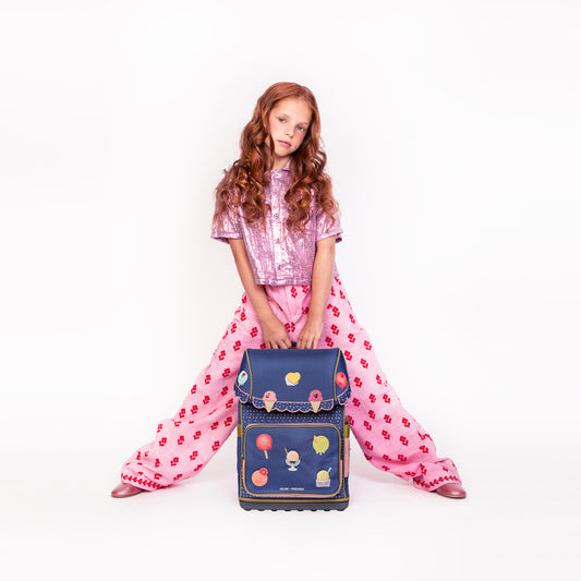 Dark blue Ergomaxx Disco Dip ergonomic backpack by Jeune Premier with colorful ice cream illustrations for girls from first grade