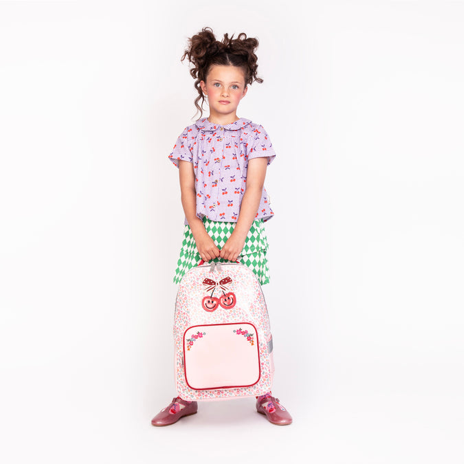 Jeune Premier New Bobbie Berry Cute – ergonomic school backpack for girls aged 6+, pink berry print, made from recycled materials