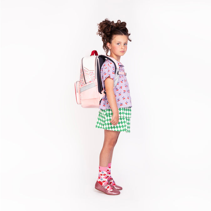 Jeune Premier New Bobbie Berry Cute – ergonomic school backpack for girls aged 6+, pink berry print, made from recycled materials