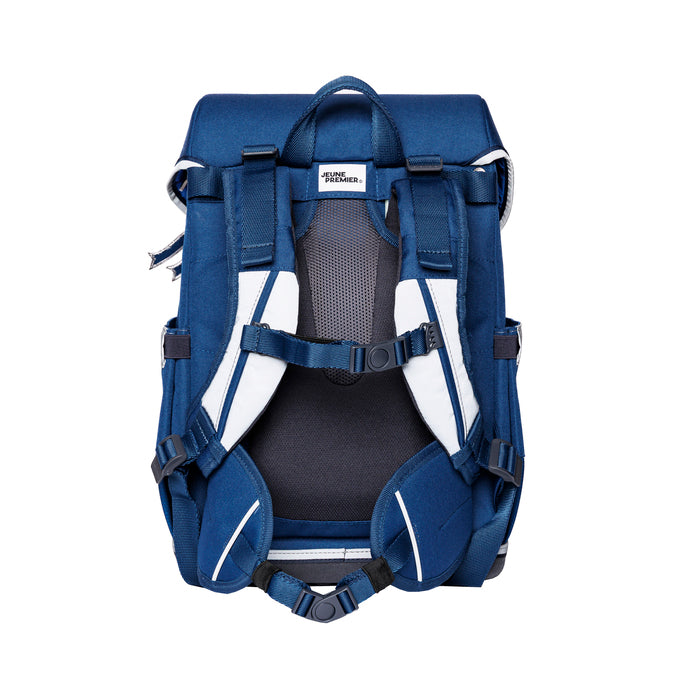 Ergomaxx Supercats ergonomic backpack by Jeune Premier with three masked animal characters on a blue school bag