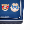 Ergomaxx Supercats ergonomic backpack by Jeune Premier with three masked animal characters on a blue school bag