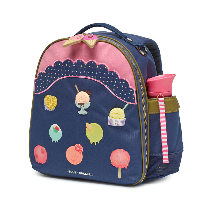 Jeune Premier Backpack Ralphie Disco Dip – ergonomic toddler backpack for girls aged 2–5, side view with drinking bottle