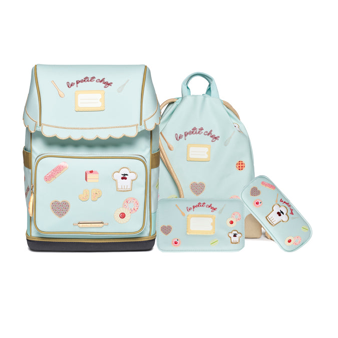 Ergomaxx Le Petit Chef ergonomic school backpack in baby blue with pastry chef design for girls ages 6-10