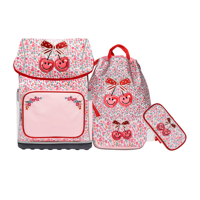 Ergomaxx Set Berry Cute for girls with ergonomic school backpack, city bag, pencil case and filled pencil case in floral pink cherry design