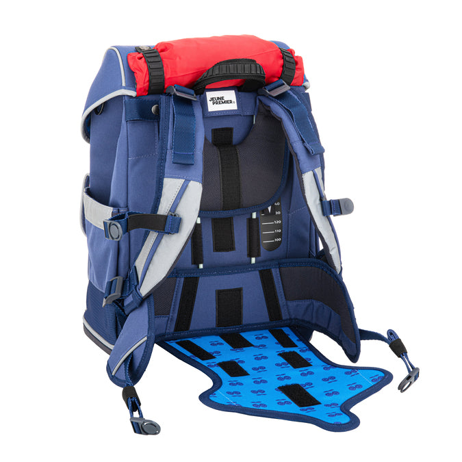 Ergomaxx Porsche ergonomic backpack by Jeune Premier with red Porsche car on blue school bag