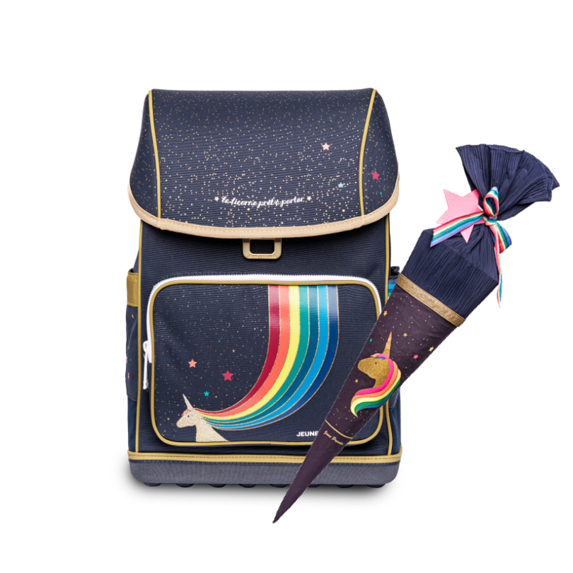 Jeune Premier Ergomaxx + Schultüte Set Unicorn Gold – ergonomic school backpack and matching 70cm school cone bag for girls, unicorn design