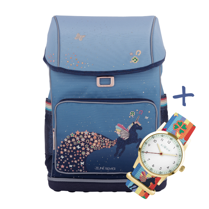 Ergonomic, trendy backpack for children from 6 years old. The load-bearing system transfers 50% of the weight to the hips. Design: Unicorn Universe.