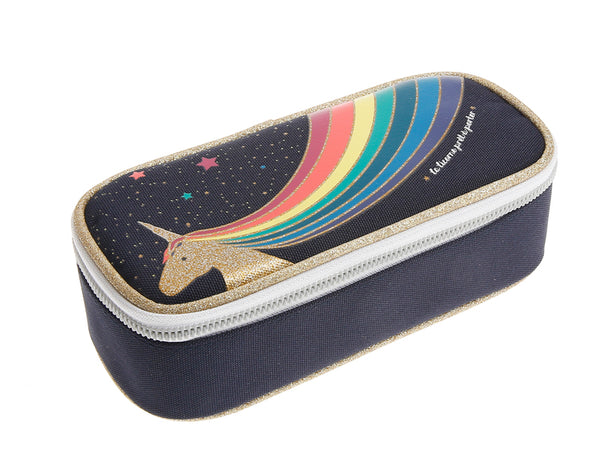 Jeune Premier Unicorn Gold Pencil Case in navy blue with unicorn and a rainbow.