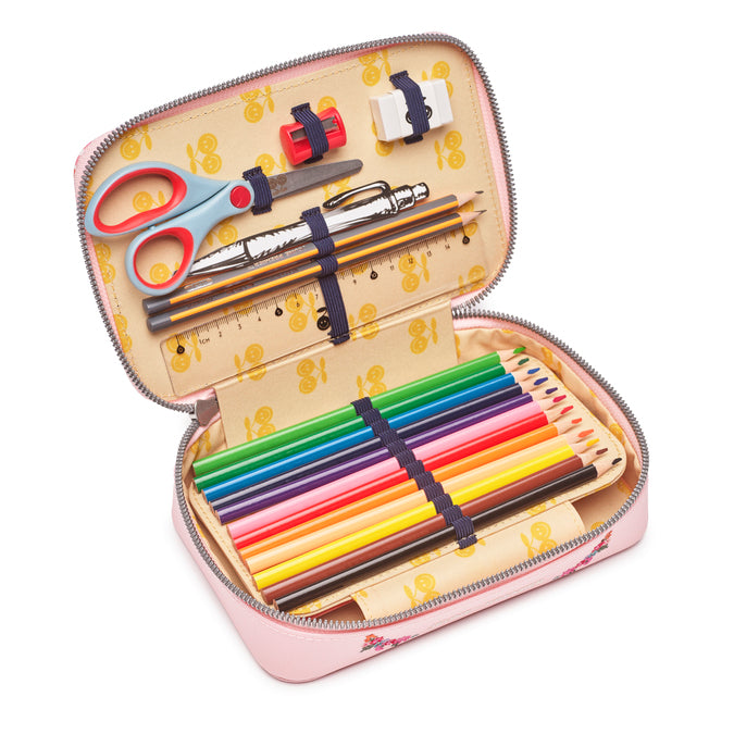 Open Pencil Box Filled Le Petit Chef showing dual compartments with 12 crayons, 10 markers, and school supplies